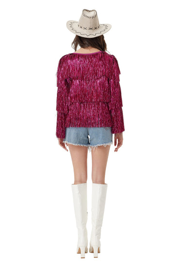 Sparkly Tassel Fringe Fuchsia Women Coat